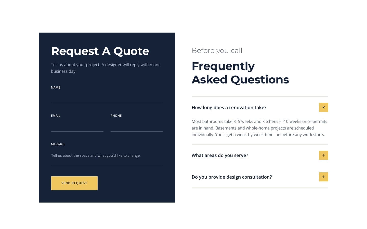 Navy quote request form beside a frequently asked questions accordion