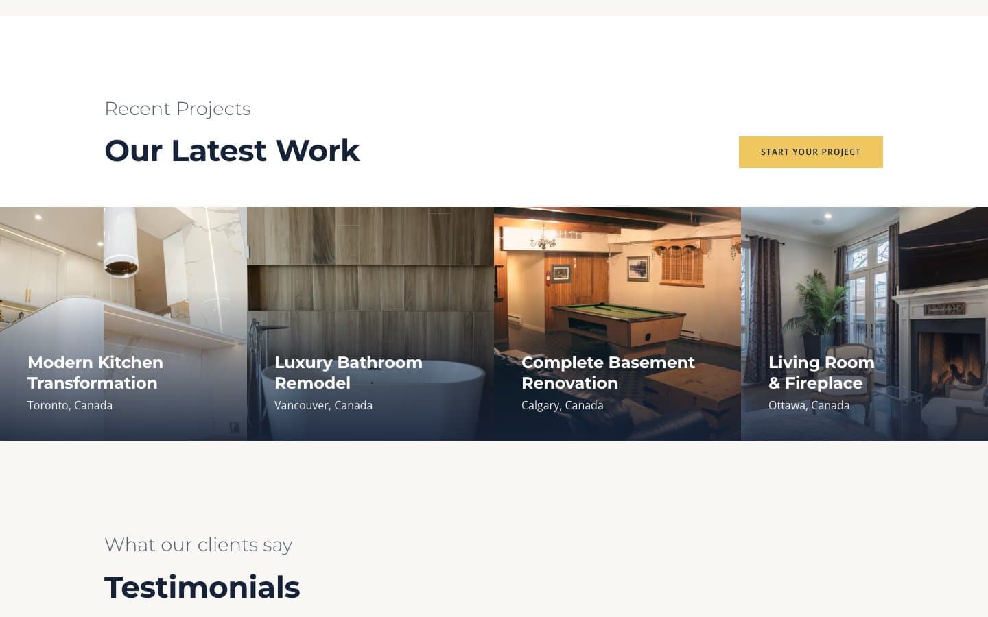 Our Latest Work section with four full-bleed project tiles across the page