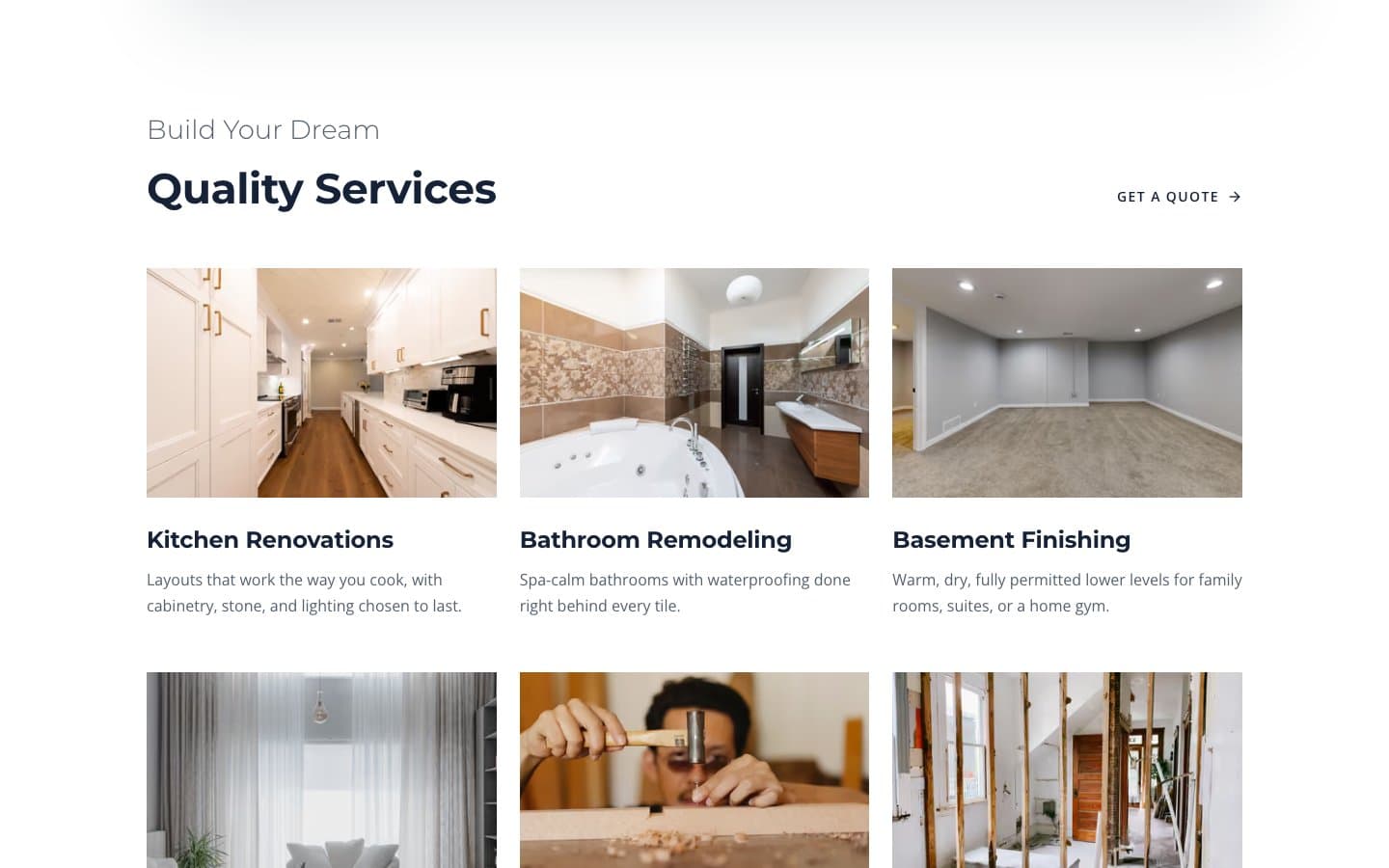 Quality Services section with a three-column grid of renovation photos
